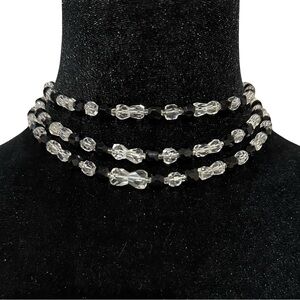 Vintage Triple Strand Necklace Black Clear Beaded Signed JAPAN Hook Closure Adju